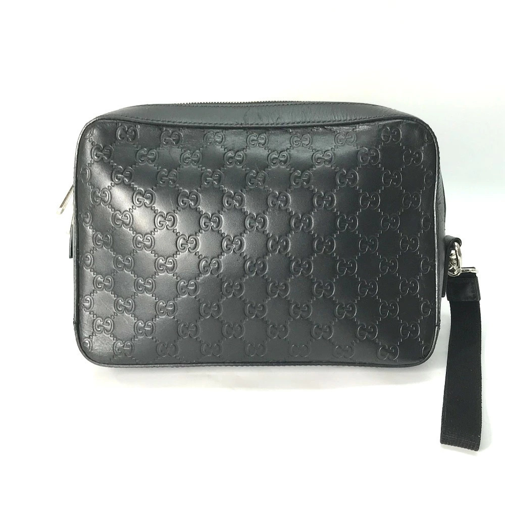 Gucci Shoulder ssima Strap Black Leather Pouch Clutch GG Bag Black